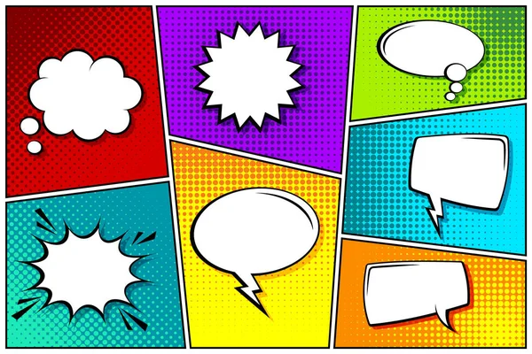 Cartoon comic backgrounds set. Speech bubble. Comics book colorful poster with halftone elements. Retro Pop Art style. Vector illustration. — Stock Vector