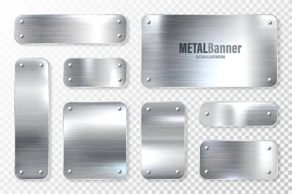 Bandeiras de metal brilhantes realistas definidas. Placa de aço escovado. Superfície de metal prata polida. Ilustração vetorial . —  Vetores de Stock