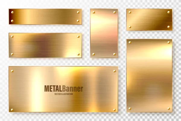Conjunto de pancartas de metal brillante realista. Placa de acero cepillado. Superficie metálica de cobre pulido. Ilustración vectorial . — Archivo Imágenes Vectoriales