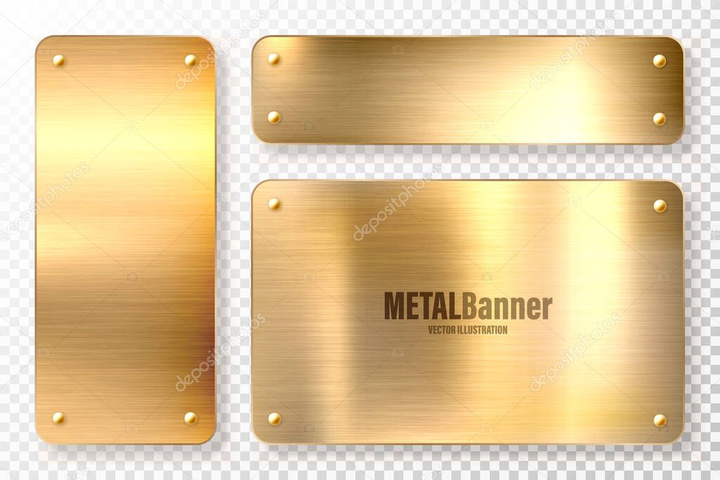 Realistic shiny metal banners set. Brushed steel plate. Polished copper metal surface. Vector illustration.