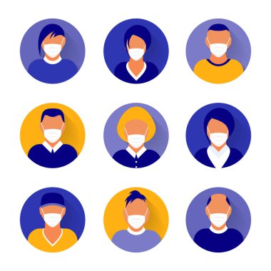 Tıbbi maskeli yassı modern minimal avatar simgeleri. İş konsepti, küresel iletişim. Web sitesi kullanıcı profili. Sosyal medya, ağ ögeleri.