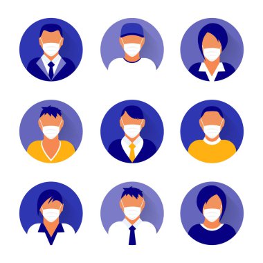 Tıbbi maskeli yassı modern minimal avatar simgeleri. İş konsepti, küresel iletişim. Web sitesi kullanıcı profili. Sosyal medya, ağ ögeleri.
