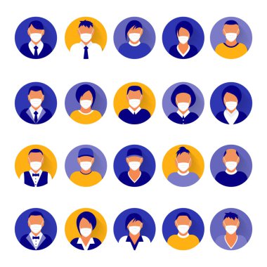 Tıbbi maskeli yassı modern minimal avatar simgeleri. İş konsepti, küresel iletişim. Web sitesi kullanıcı profili. Sosyal medya, ağ ögeleri.