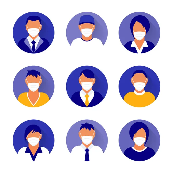 Iconos avatar moderno mínimo plano con máscara médica. Concepto de negocio, comunicación global. Perfil de usuario del sitio web. Redes sociales, elementos de red. — Archivo Imágenes Vectoriales