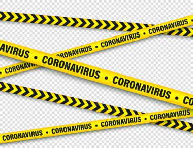 Karantina bölgesi uyarı bandı. Romantik koronavirüs salgını. Küresel tecrit. Coronavirus tehlike şeridi. Polisin dikkatine. Vektör illüstrasyonu.