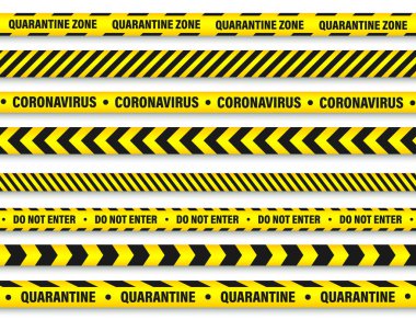 Karantina bölgesi uyarı bandı. Romantik koronavirüs salgını. Küresel tecrit. Coronavirus tehlike şeridi. Polisin dikkatine. Vektör illüstrasyonu.