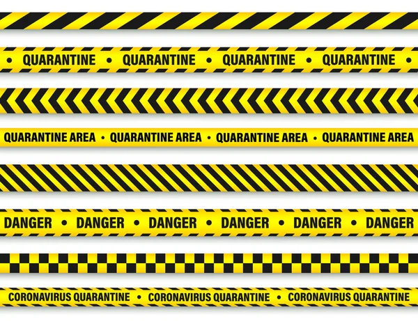 Ruban d'avertissement zone de quarantaine. Nouvelle épidémie de coronavirus. Verrouillage global. Rayure de danger du coronavirus. Ligne d'attention policière. Illustration vectorielle . — Image vectorielle