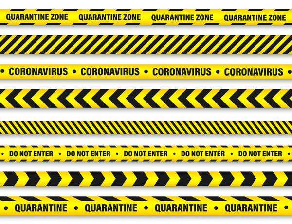 Quarantine zone warning tape. Novel coronavirus outbreak. Global lockdown. Coronavirus danger stripe. Police attention line. Vector illustration.