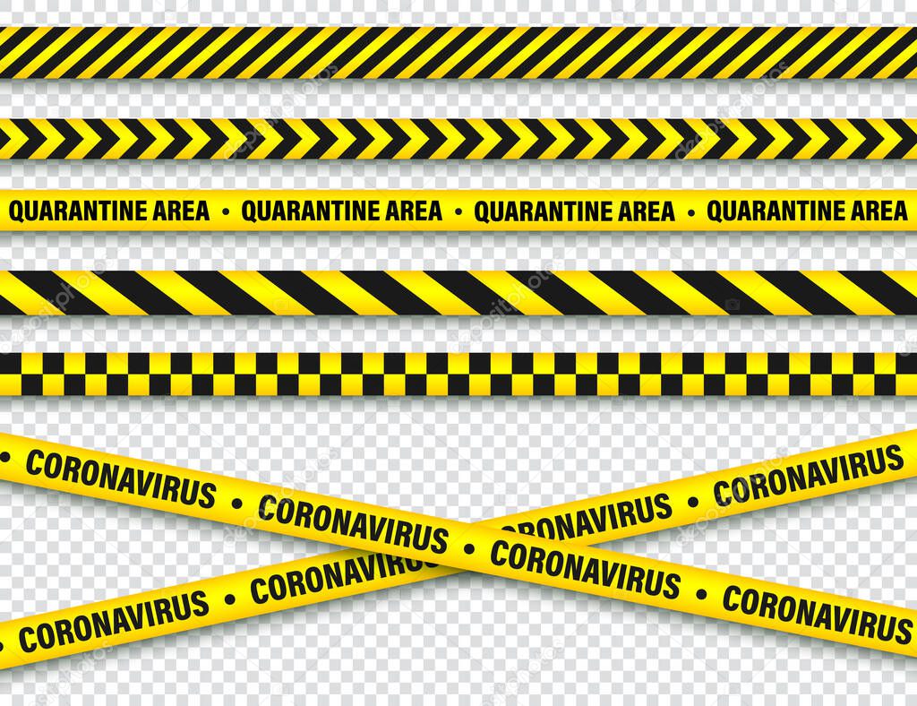 Quarantine zone warning tape. Novel coronavirus outbreak. Global lockdown. Coronavirus danger stripe. Police attention line. Vector illustration.