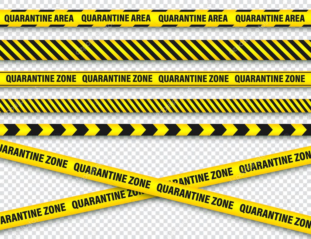 Quarantine zone warning tape. Novel coronavirus outbreak. Global lockdown. Coronavirus danger stripe. Police attention line. Vector illustration.