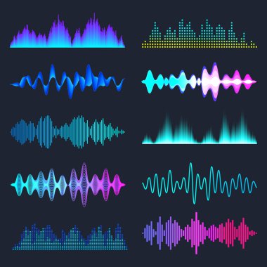 Renkli ses dalgaları koleksiyonu. Analog ve dijital ses sinyali. Müzik eşitleyicisi. Parazit ses kaydı. Yüksek frekanslı radyo dalgası. Vektör illüstrasyonu.