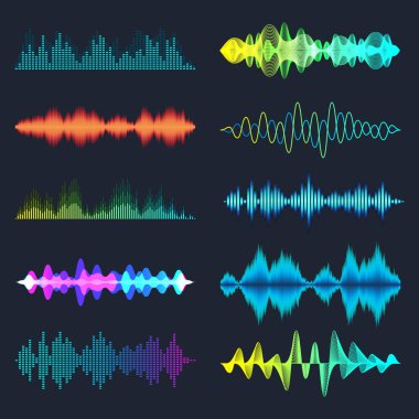 Renkli ses dalgaları koleksiyonu. Analog ve dijital ses sinyali. Müzik eşitleyicisi. Parazit ses kaydı. Yüksek frekanslı radyo dalgası. Vektör illüstrasyonu.