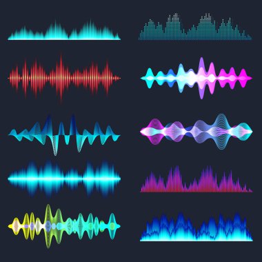 Renkli ses dalgaları koleksiyonu. Analog ve dijital ses sinyali. Müzik eşitleyicisi. Parazit ses kaydı. Yüksek frekanslı radyo dalgası. Vektör illüstrasyonu.
