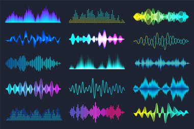 Renkli ses dalgaları koleksiyonu. Analog ve dijital ses sinyali. Müzik eşitleyicisi. Parazit ses kaydı. Yüksek frekanslı radyo dalgası. Vektör illüstrasyonu.