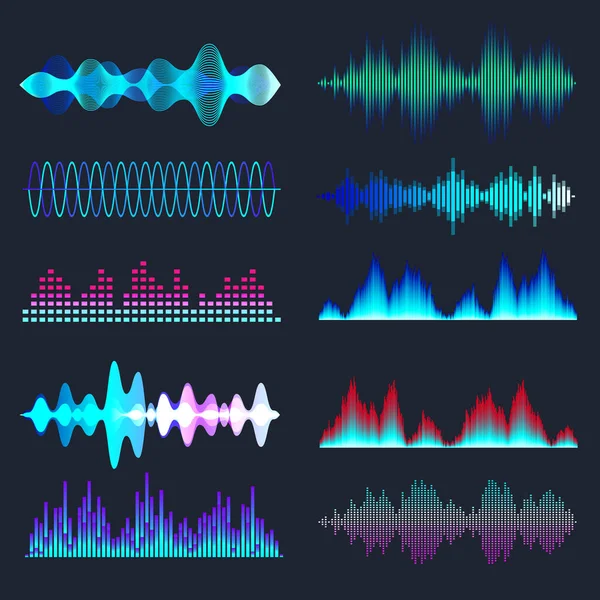 Коллекция цветных звуковых волн. Аналоговый и цифровой аудиосигнал. Музыкальный уравнитель. Запись помех. Высокочастотная радиоволна. Векторная иллюстрация . — стоковый вектор