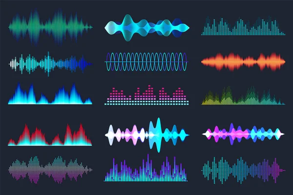 Sbírka barevných zvukových vln. Analogový a digitální audio signál. Hudební ekvalizér. Rušení hlasové nahrávky. Vysokofrekvenční rádiová vlna. Vektorová ilustrace. — Stockový vektor