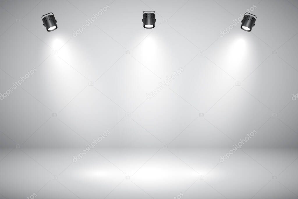 Empty gray studio abstract background with spotlights. Product showcase backdrop.