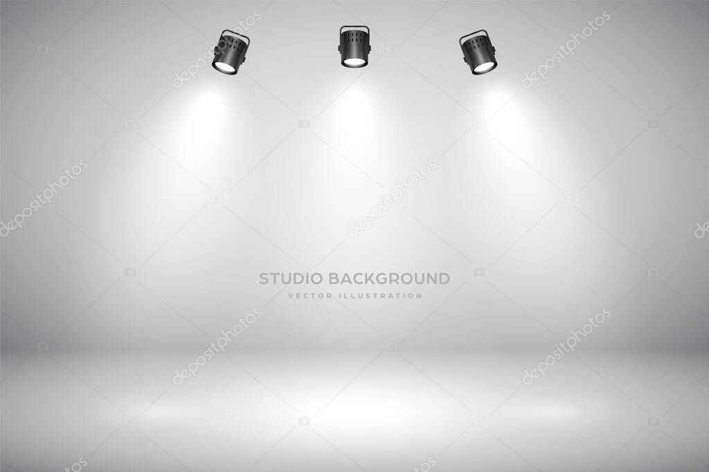 Empty gray studio abstract background with spotlights. Product showcase backdrop.