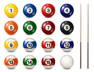 Bilardo, numara koleksiyonu olan bilardo topları. Gerçekçi parlak bilardo topu. Beyaz arka plan. Vektör illüstrasyonu.