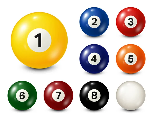 Billard, Billardkugeln mit Zahlensammlung. Realistischer Hochglanz-Snookerball. Weißer Hintergrund. Vektorillustration. — Stockvektor