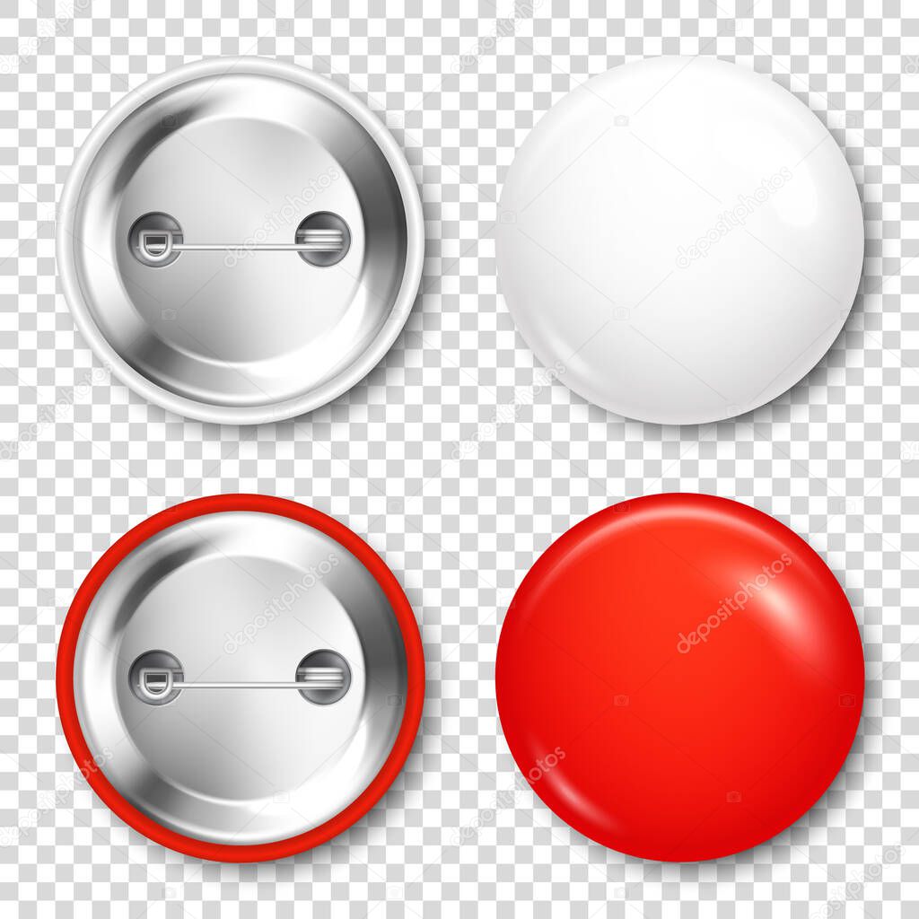 Realistic blank badges collection. 3D glossy round button. Pin badge mockup. Vector illustration.