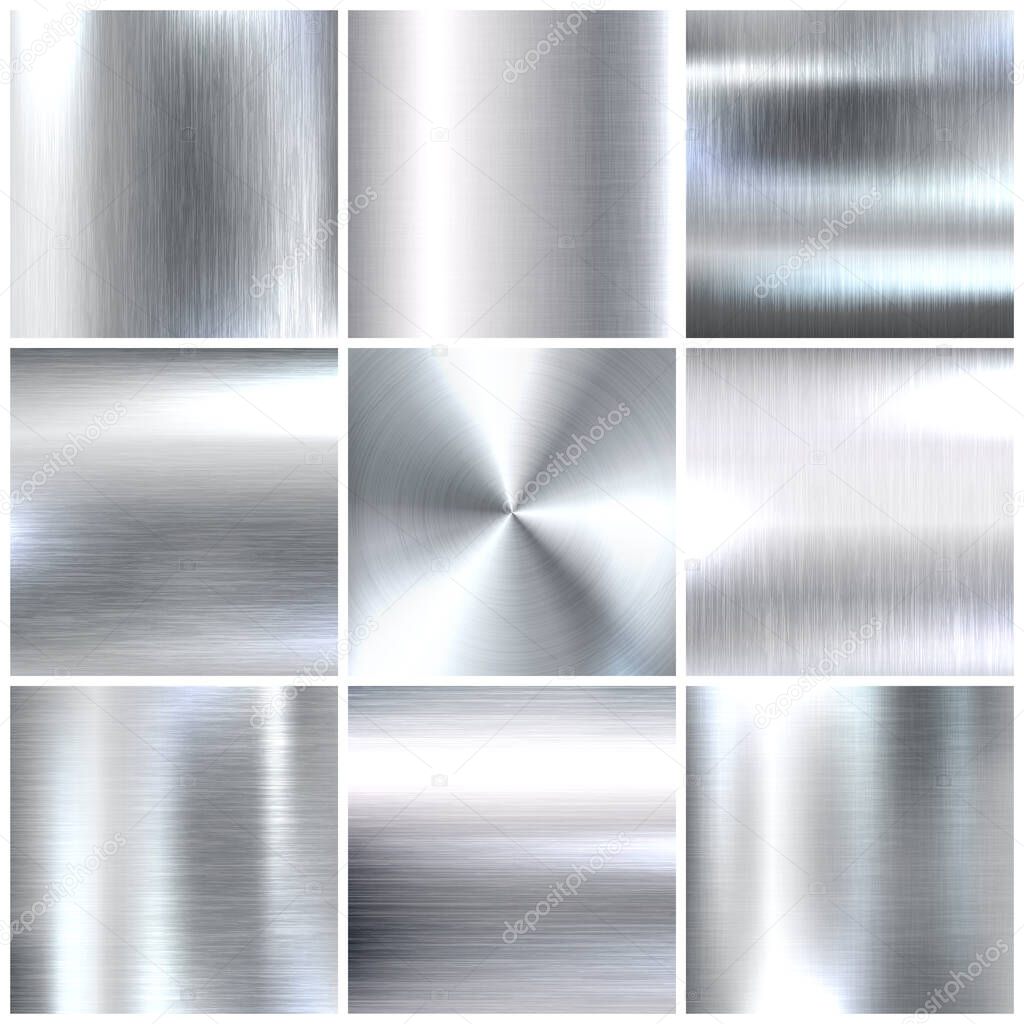 Realistic brushed metal textures set. Polished stainless steel background. Vector illustration.