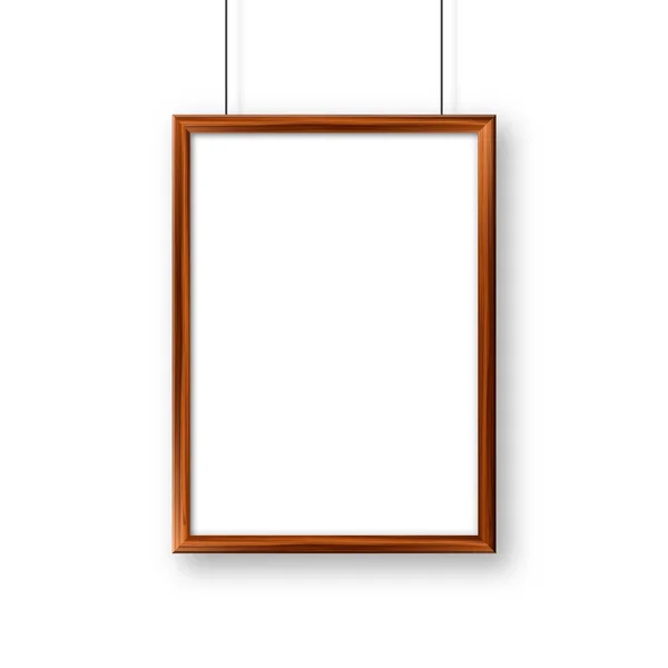 Realistické visí na stěně prázdného dřevěného rámu obrazu. Moderní maketa plakátu. Prázdný rám s texturou ze dřeva. Vektorová ilustrace. — Stockový vektor
