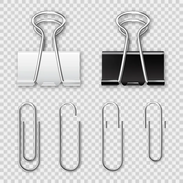 Realistic paper binders collection. Metal paper clip, holder. Design mockup. Vector illustration. — Stock Vector