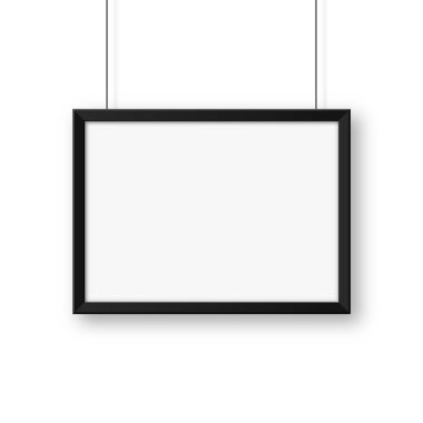 Duvarda asılı gerçekçi siyah resim çerçevesi. Modern poster modeli. Boş fotoğraf çerçevesi. Vektör illüstrasyonu.