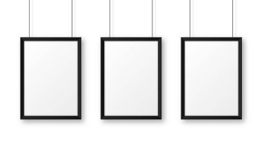 Duvarda asılı gerçekçi siyah resim çerçevesi. Modern poster modeli. Boş fotoğraf çerçevesi. Vektör illüstrasyonu.