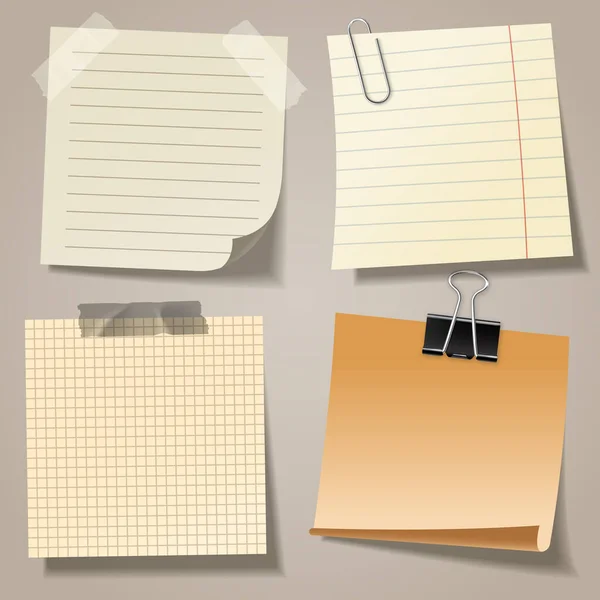 Realistische blanco sticky notes met clip bindmiddel en plakband. Gekleurde vellen briefpapier. Papierherinnering. Vectorillustratie. — Stockvector