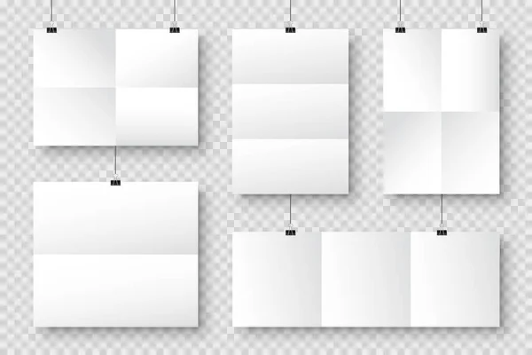 Ρεαλιστικά λευκά φύλλα χαρτιού που κρέμονται σε συνδετήρα. Λευκή αφίσα με σκιά σε μέγεθος Α4. Πρότυπο σχεδιασμού, μακέτα. Εικονογράφηση διανύσματος. — Διανυσματικό Αρχείο