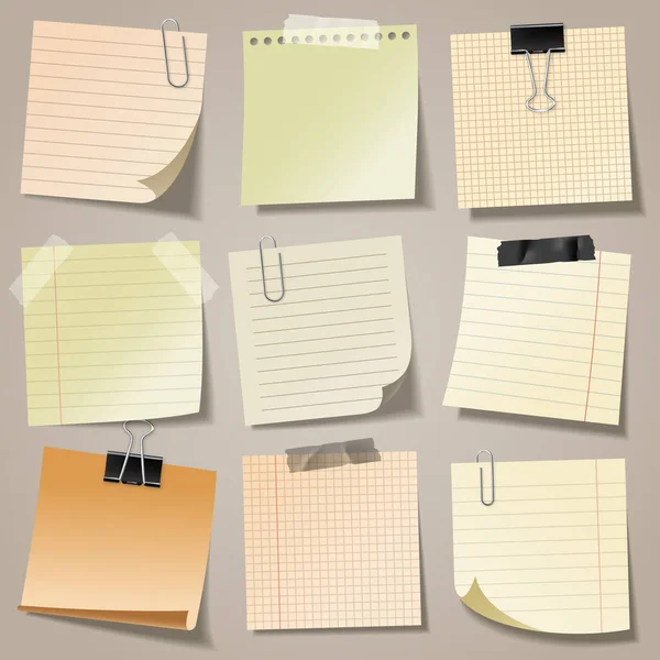 Realistic blank sticky notes with clip binder and adhesive tape. Colored sheets of note papers. Paper reminder. Vector illustration. — Stock Vector