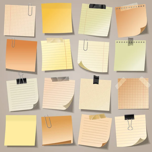 Realistische blanco sticky notes met clip bindmiddel en plakband. Gekleurde vellen briefpapier. Papierherinnering. Vectorillustratie. — Stockvector