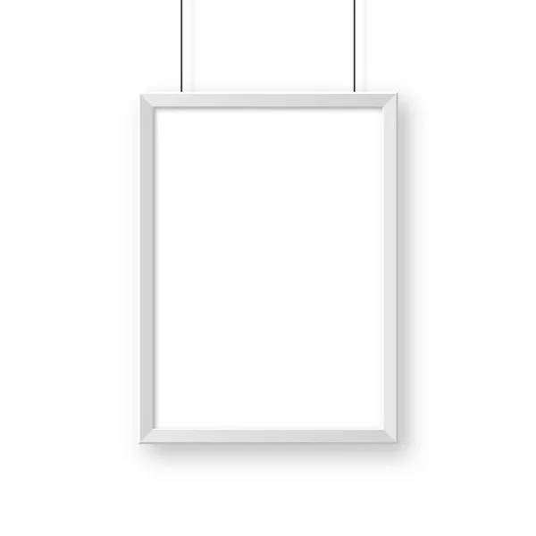 Realista pendurado em uma parede moldura em branco branco. Um modelo de cartaz moderno. Moldura de foto vazia. Ilustração vetorial . — Vetor de Stock