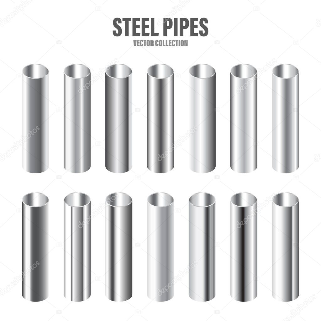 Steel pipes collection. Construction material. Polished metal texture. Silver gradient. Vector illustration.