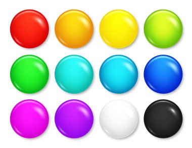 Gerçekçi boş rozet koleksiyonu. Renkli 3D parlak yuvarlak düğme. Rozet modeli. Vektör illüstrasyonu.