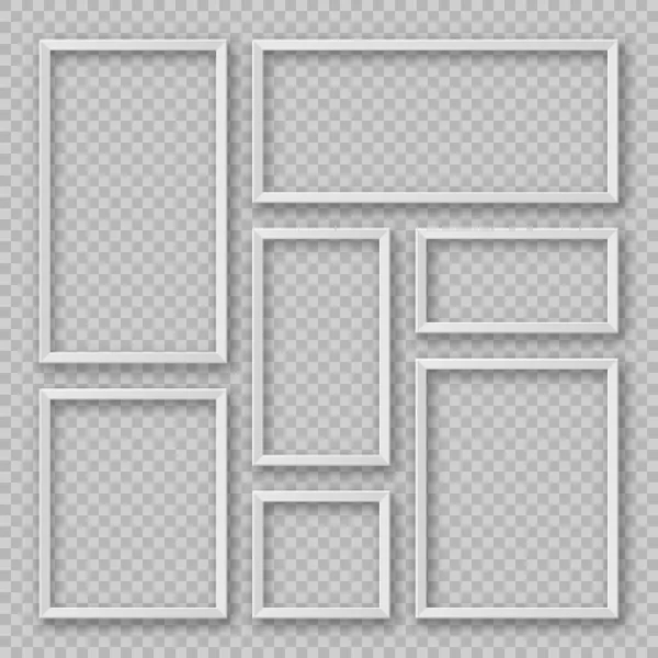 Realistische weiße Blanko-Bilderrahmen-Kollektion. Moderne Plakatattrappe. Leerer Fotorahmen. Vektorillustration. — Stockvektor