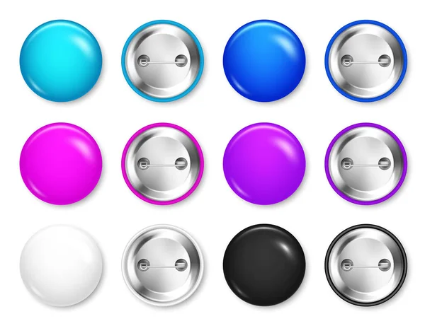 Colección realista de insignias en blanco. Colorido botón redondo brillante 3D. Pin insignia maqueta. Ilustración vectorial . — Vector de stock