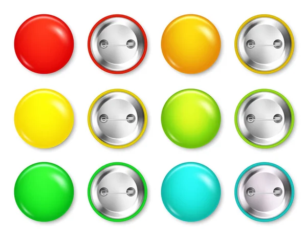 Colección realista de insignias en blanco. Colorido botón redondo brillante 3D. Pin insignia maqueta. Ilustración vectorial . — Vector de stock