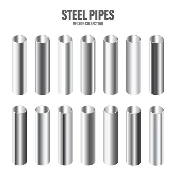 Steel pipes collection. Construction material. Polished metal texture. Silver gradient. Vector illustration. — Stock Vector
