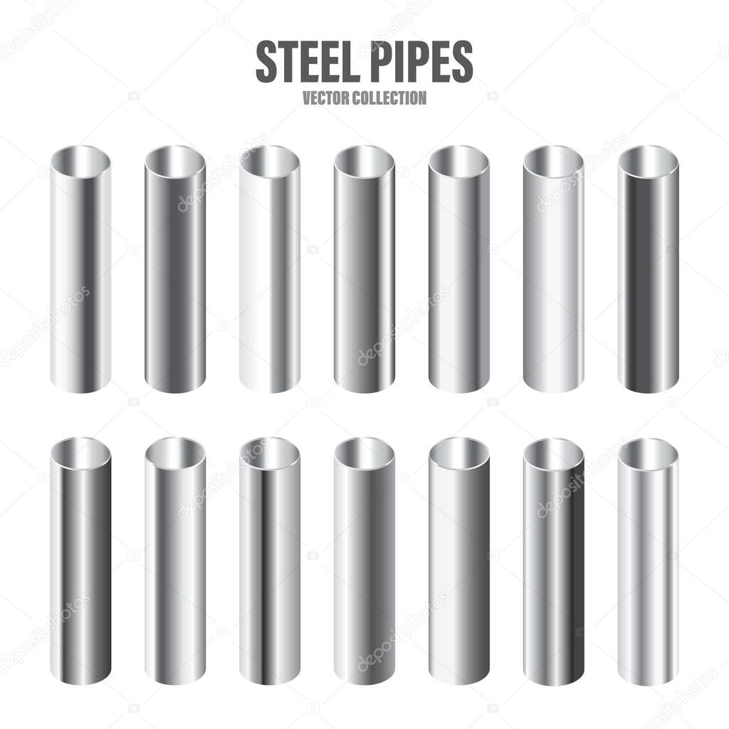 Steel pipes collection. Construction material. Polished metal texture. Silver gradient. Vector illustration.