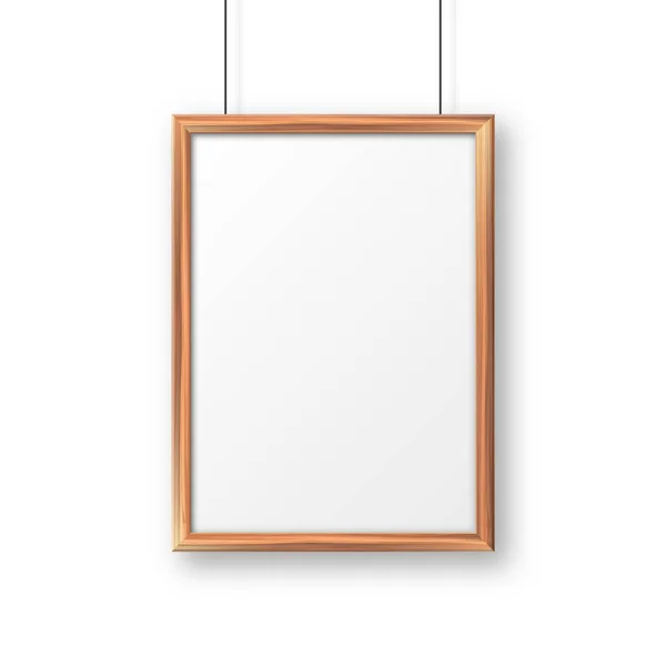 Realistisk hängande på en vägg tom trä ram bild. Modern affischmockup. Töm fotoram med trästruktur. Vektorillustration. — Stock vektor