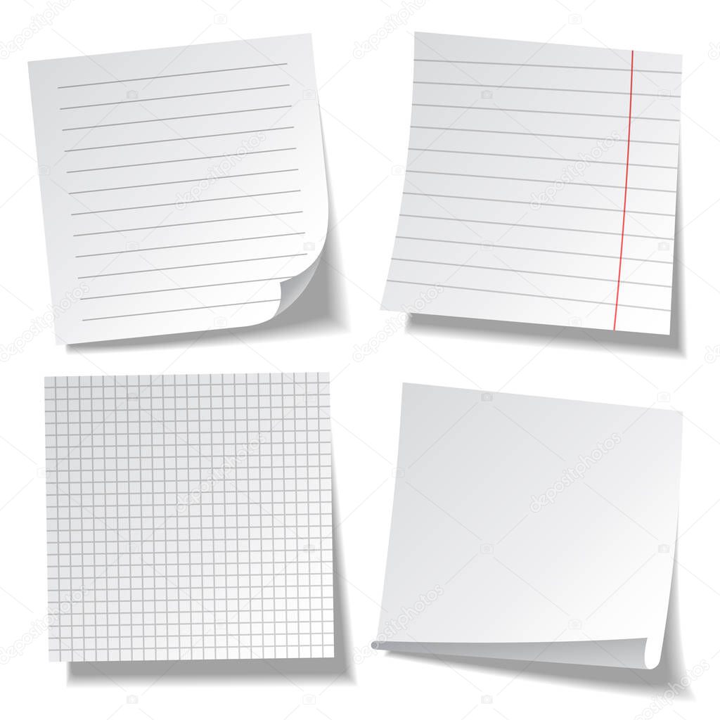 Realistic lined sticky notes. Blank note paper sheets. Information reminder. Vector illustration.