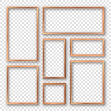 Gerçekçi boş tahta çerçeve koleksiyonu. Modern poster modeli. Ahşap desenli boş fotoğraf çerçevesi. Vektör illüstrasyonu.