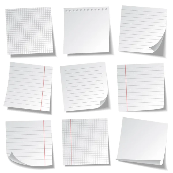 Ρεαλιστικές γραμμές κολλώδεις νότες. Λευκά φύλλα χαρτιού σημειώσεων. Υπενθύμιση πληροφοριών. Εικονογράφηση διανύσματος. — Διανυσματικό Αρχείο