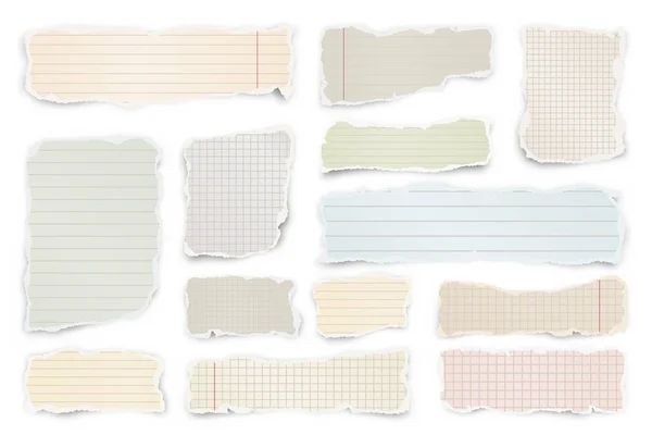 Gekleurde stroken papier. Realistische verkreukelde papierresten met gescheurde randen. Geringde stukjes notebookpagina 's. Vectorillustratie. — Stockvector