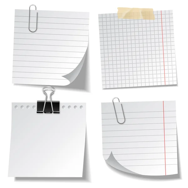 Realistic lined sticky notes with clip binder and adhesive tape. Blank note paper sheets. Information reminder. Vector illustration. — Stock Vector