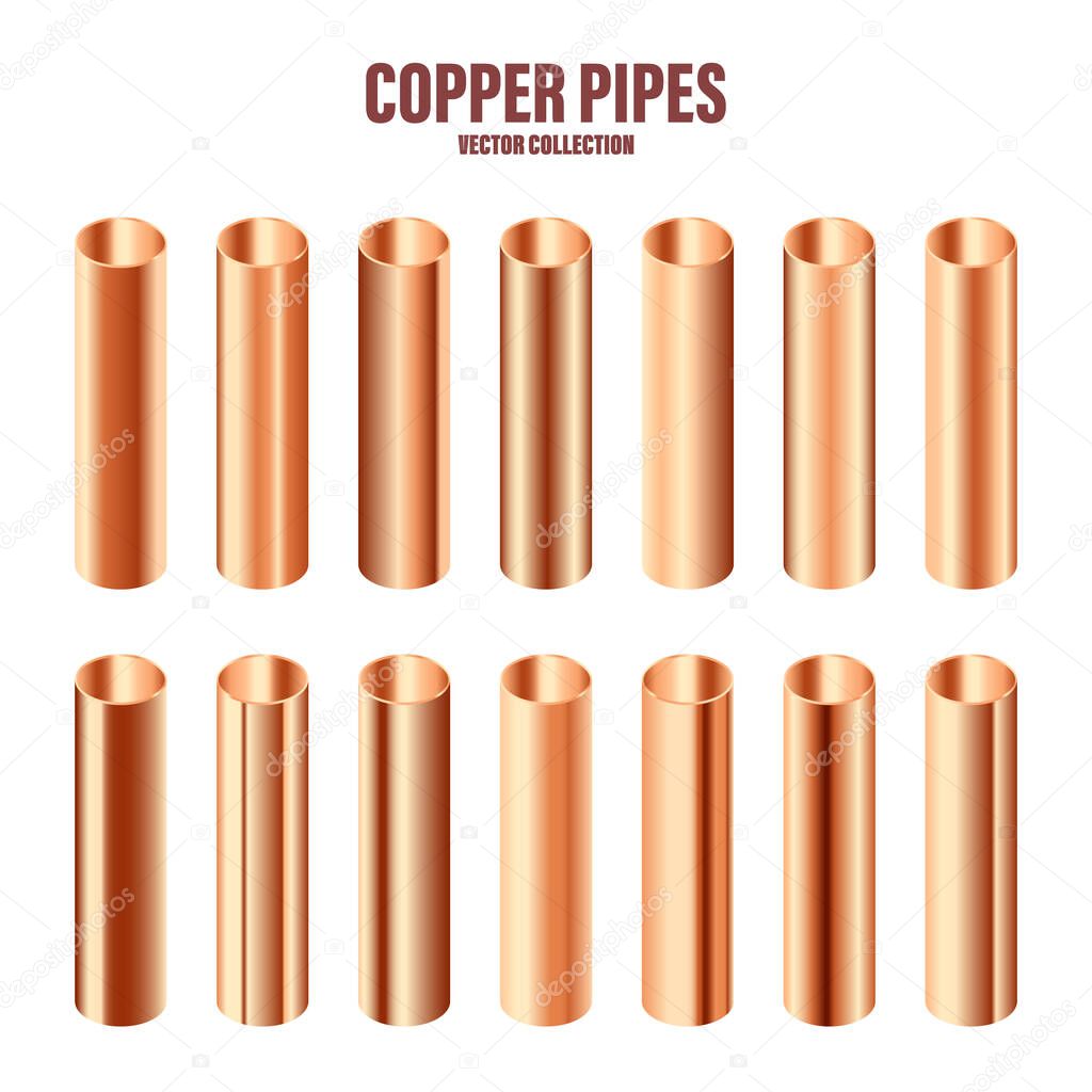 Copper pipes collection. Construction material. Polished metal texture