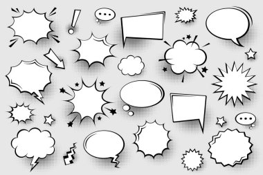 Yarım tonlu gölgeli boş komik konuşma baloncukları koleksiyonu. El çizimi eski çizgi film çıkartmaları. Pop sanat tarzı. Vektör illüstrasyonu.